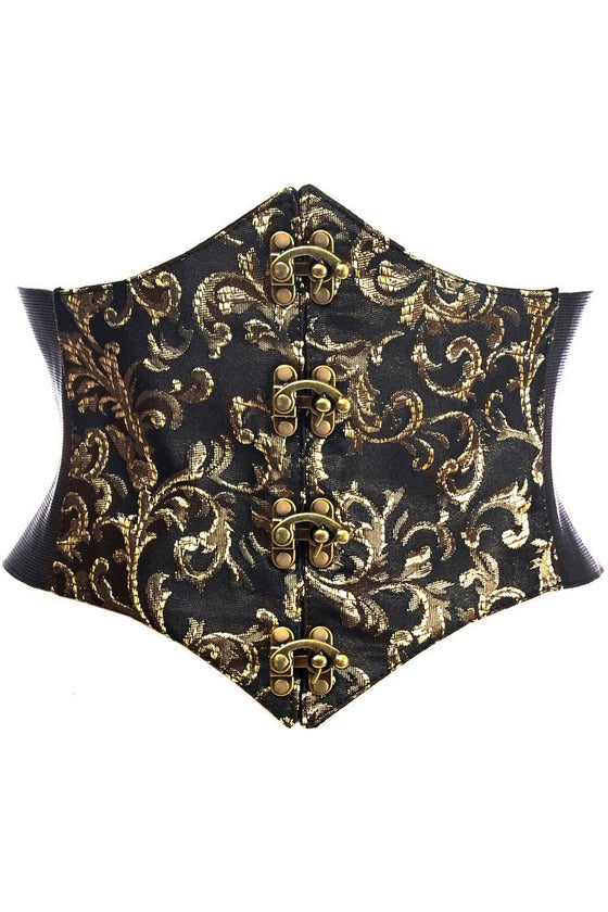 Lavish Black/Gold Swirl Brocade Corset Belt Cincher w/Clasps.