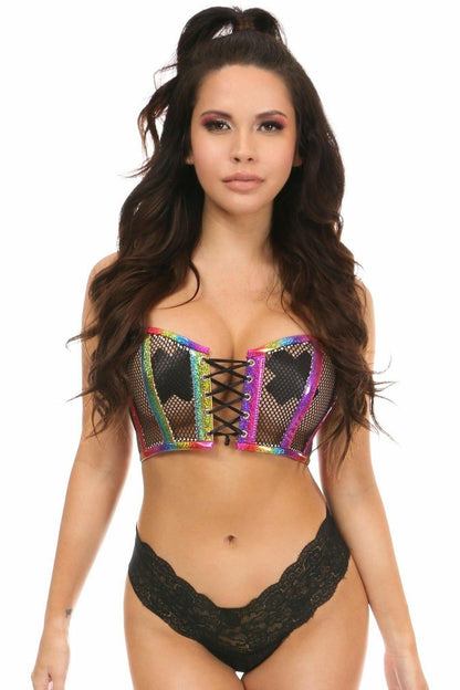 Lavish Rainbow PVC Glitter & Fishnet Lace-Up Short Bustier Top.