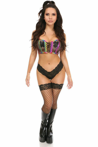 Lavish Rainbow PVC Glitter & Fishnet Lace-Up Short Bustier Top.