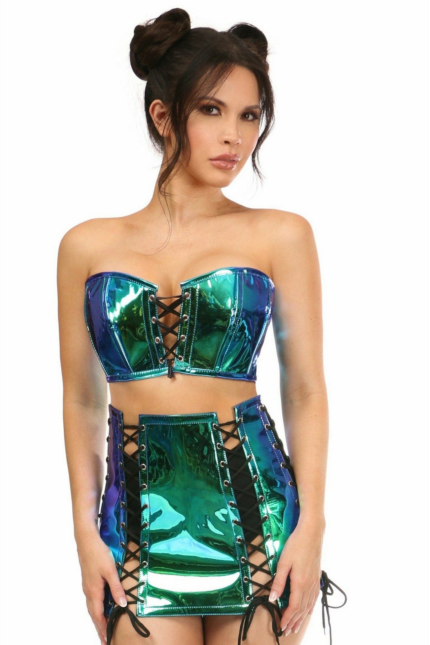 Lavish 2 PC Blue/Teal Holo Bustier & Skirt Set.