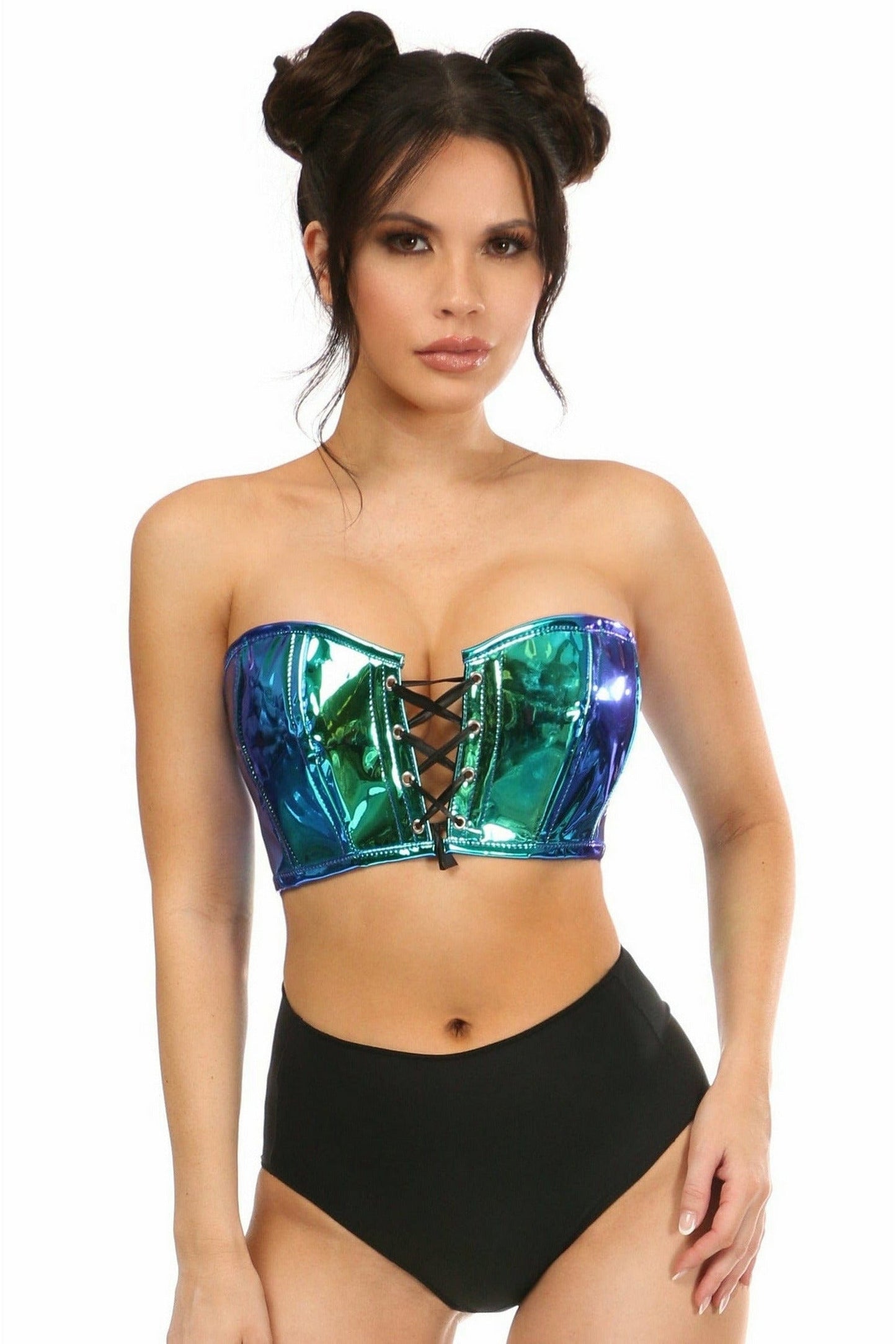 Lavish Teal/Blue Holo Lace-Up Short Bustier Top.