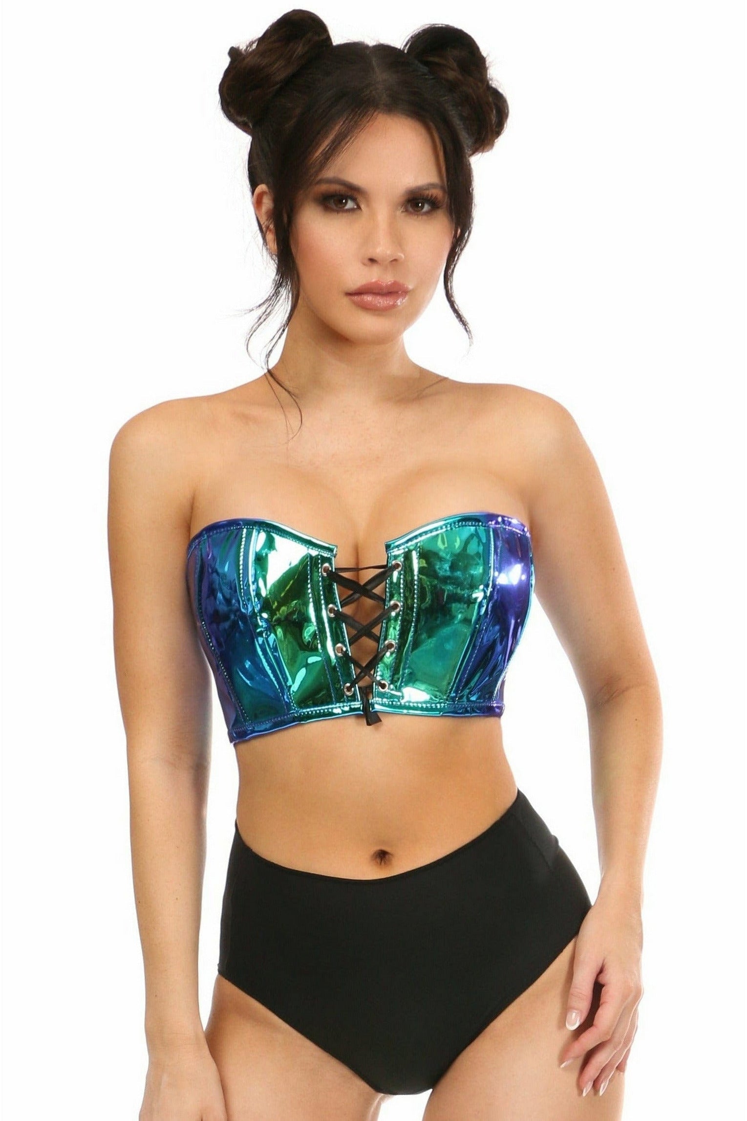 Lavish Teal/Blue Holo Lace-Up Short Bustier Top.