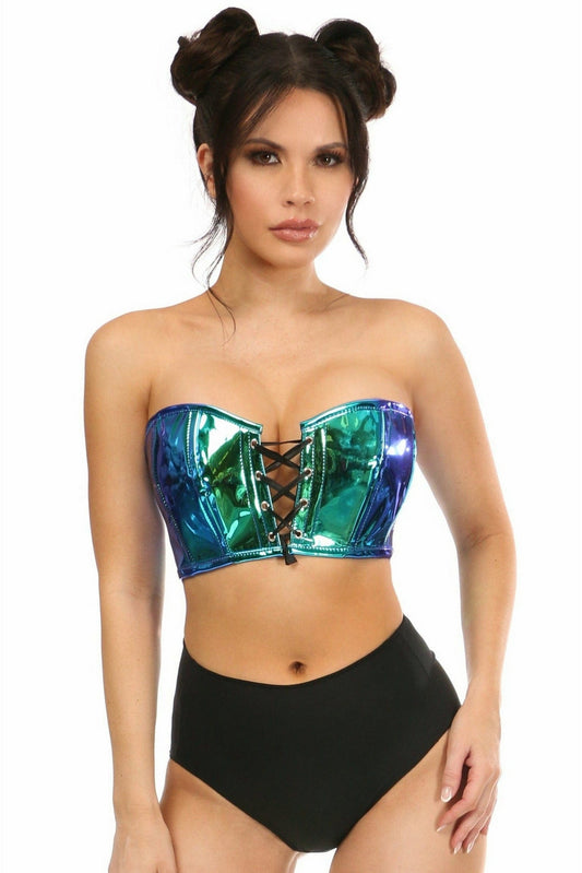 Lavish Teal/Blue Holo Lace-Up Short Bustier Top.