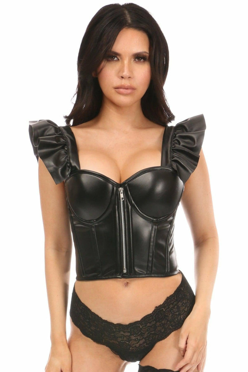 Lavish Black Faux Leather Bustier Top w/Ruffle Sleeves-Daisy Corsets