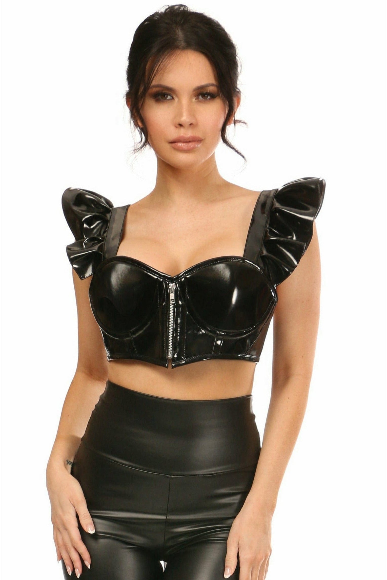 Lavish Black Patent Underwire Bustier Top w/Removable Ruffle Sleeves.