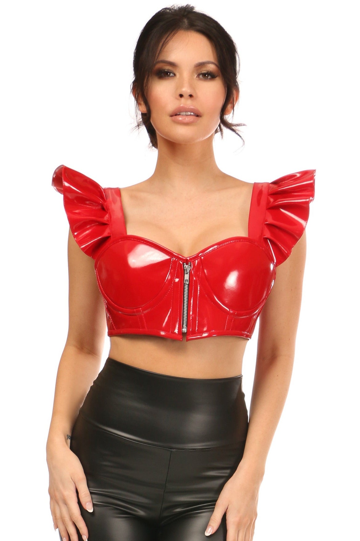 Lavish Red Patent Underwire Bustier Top w/Removable Ruffle Sleeves.