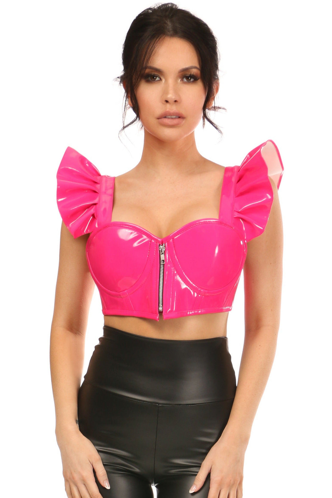Lavish Hot Pink Patent Underwire Bustier Top w/Removable Ruffle Sleeves.