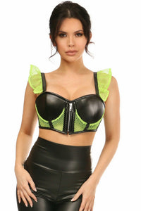 Lavish Neon Green Fishnet & Faux Leather Underwire Bustier Top w/Removable Ruffle Sleeves-Daisy Corsets