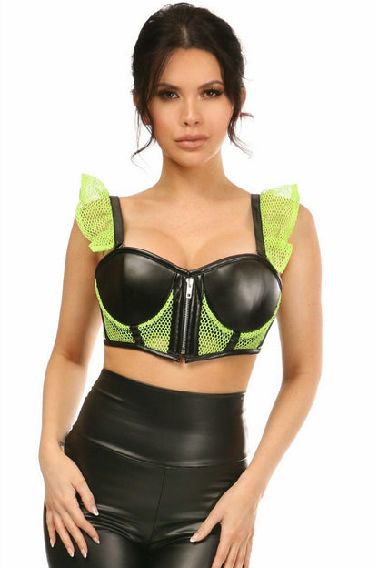 Lavish Neon Green Fishnet & Faux Leather Underwire Bustier Top w/Removable Ruffle Sleeves.
