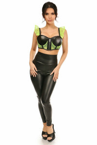 Lavish Neon Green Fishnet & Faux Leather Underwire Bustier Top w/Removable Ruffle Sleeves-Daisy Corsets