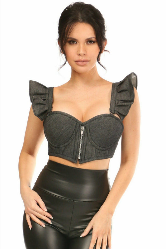 Lavish Black Denim Underwire Bustier Top w/Removable Ruffle Sleeves.
