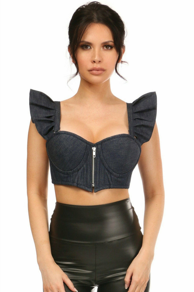 Lavish Blue Denim Underwire Bustier Top w/Removable Ruffle Sleeves-Daisy Corsets