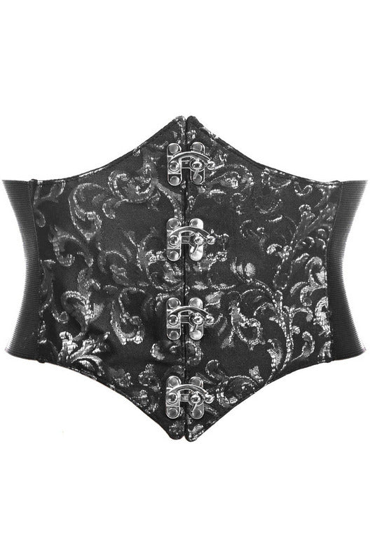 Lavish Black/Silver Swirl Brocade Corset Belt Cincher w/Clasps.