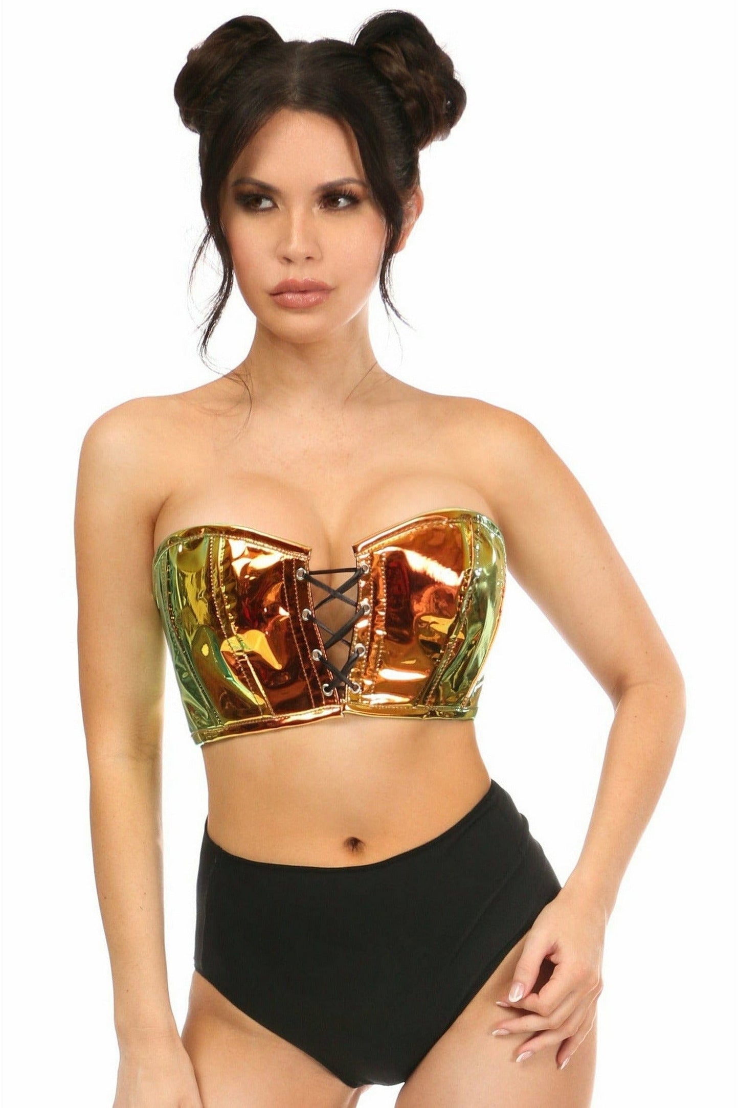 Lavish Sunset Holo Lace-Up Short Bustier Top.