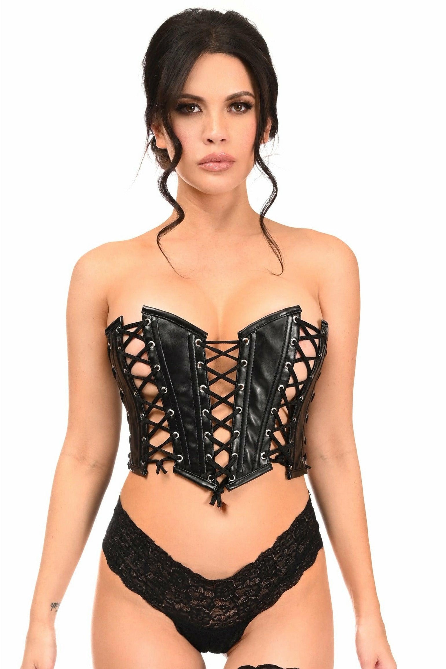 Lavish Black Faux Leather w/Black Lacing Lace-Up Bustier.