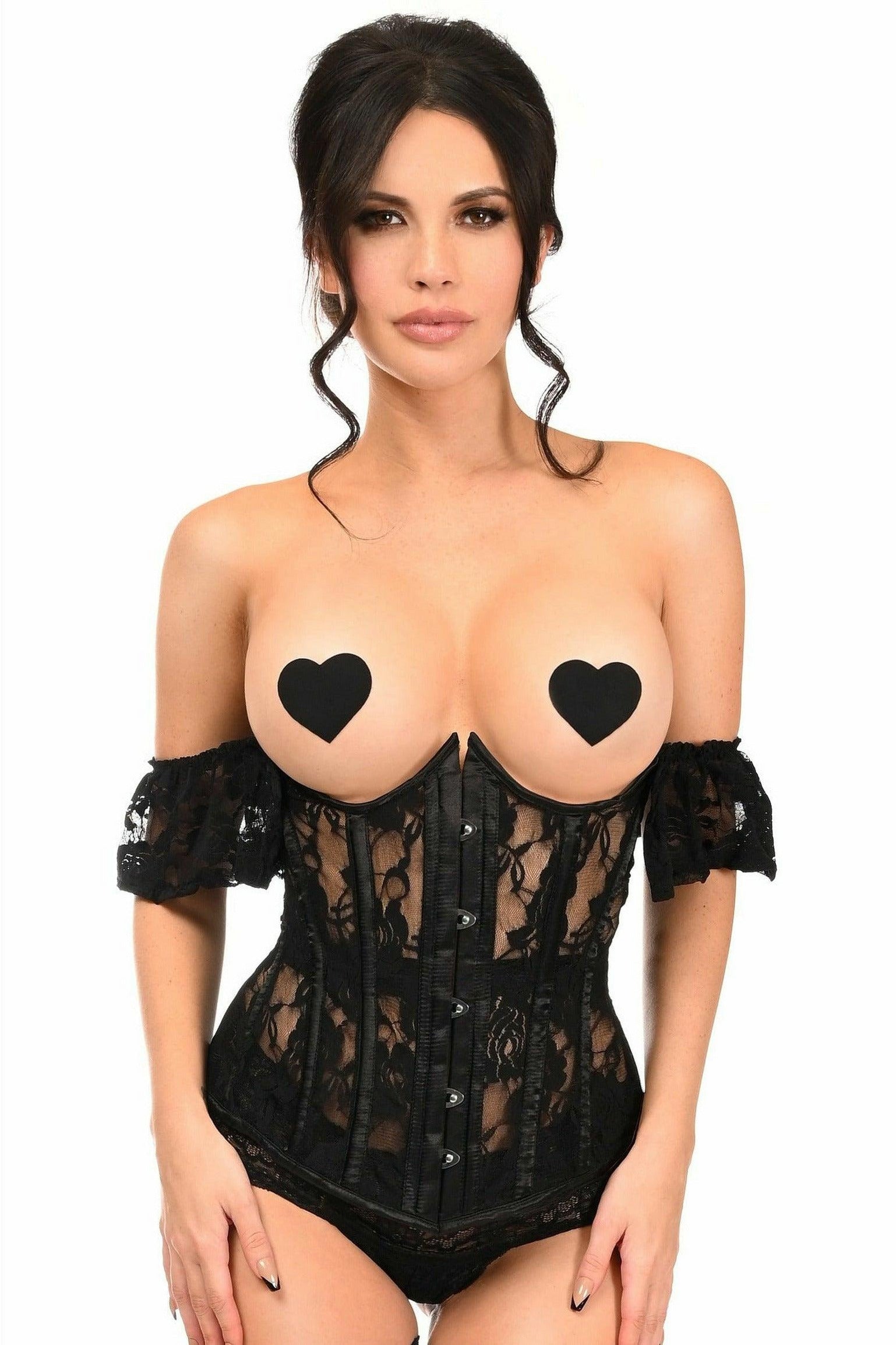 Lavish Sheer Black Lace Underbust Underwire Corset w/Ruffle Sleeve.