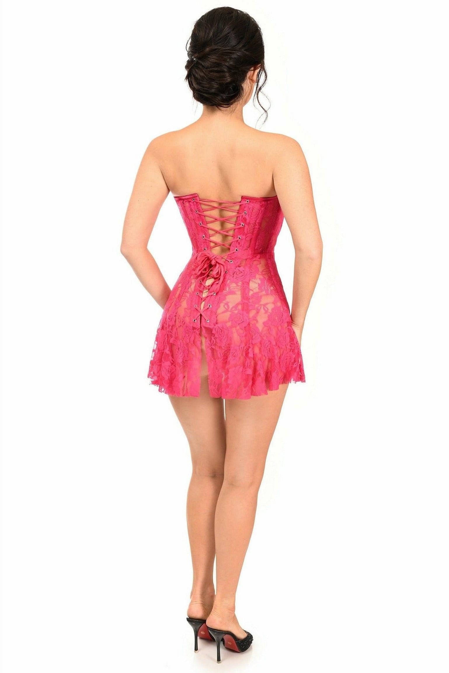 Lavish Fuchsia Sheer Lace Corset Dress.