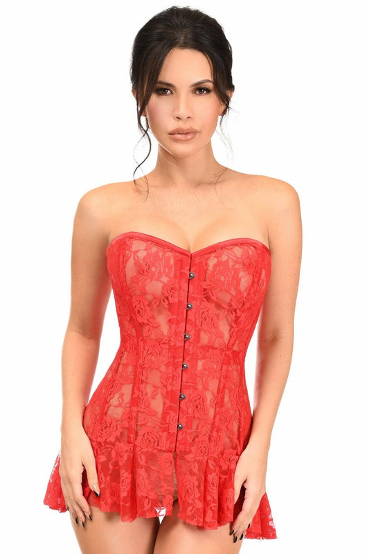 Lavish Red Sheer Lace Corset Dress.