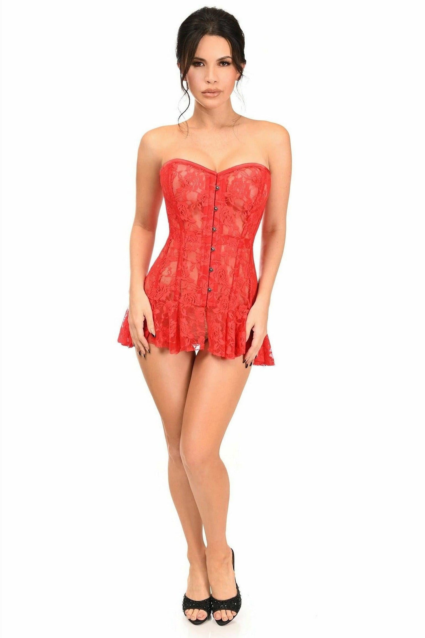 Lavish Red Sheer Lace Corset Dress.