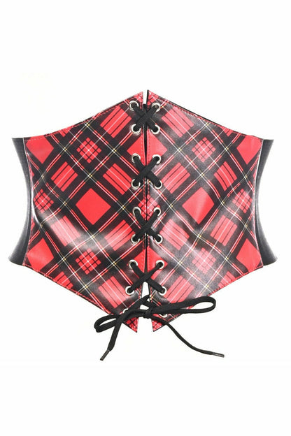Lavish Red Plaid School Girl Lace-Up Corset Belt Cincher.