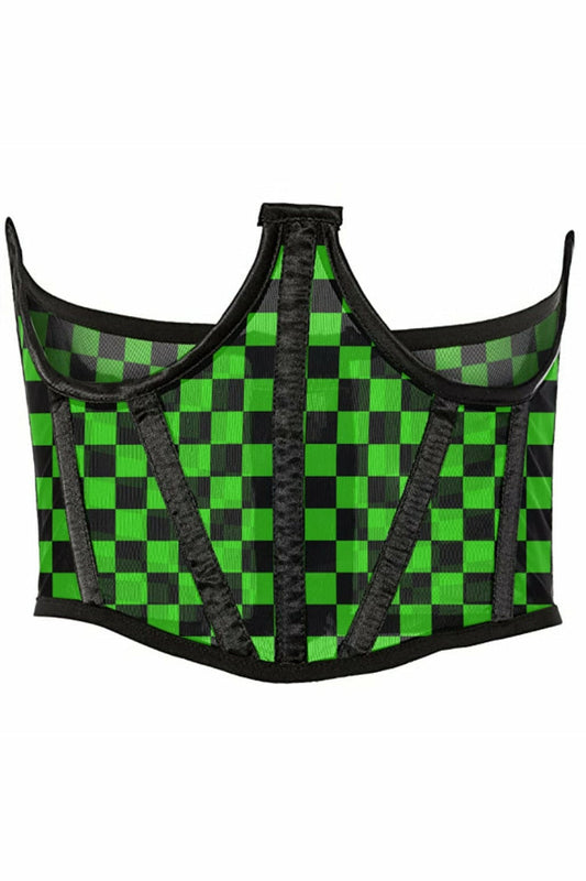 Lavish Neon Green/Black Checker Print Mesh Open Cup Waist Cincher.