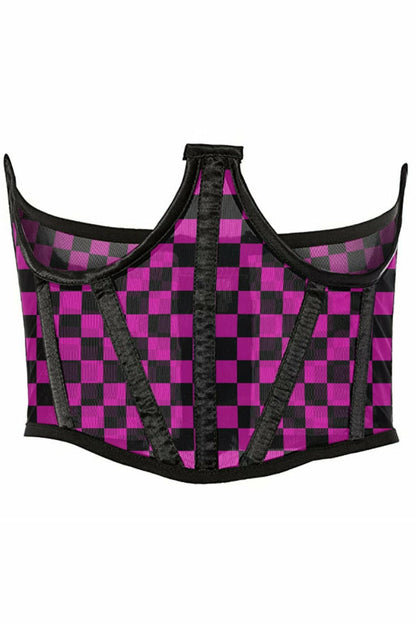 Lavish Neon Pink/Black Checker Print Mesh Open Cup Waist Cincher.