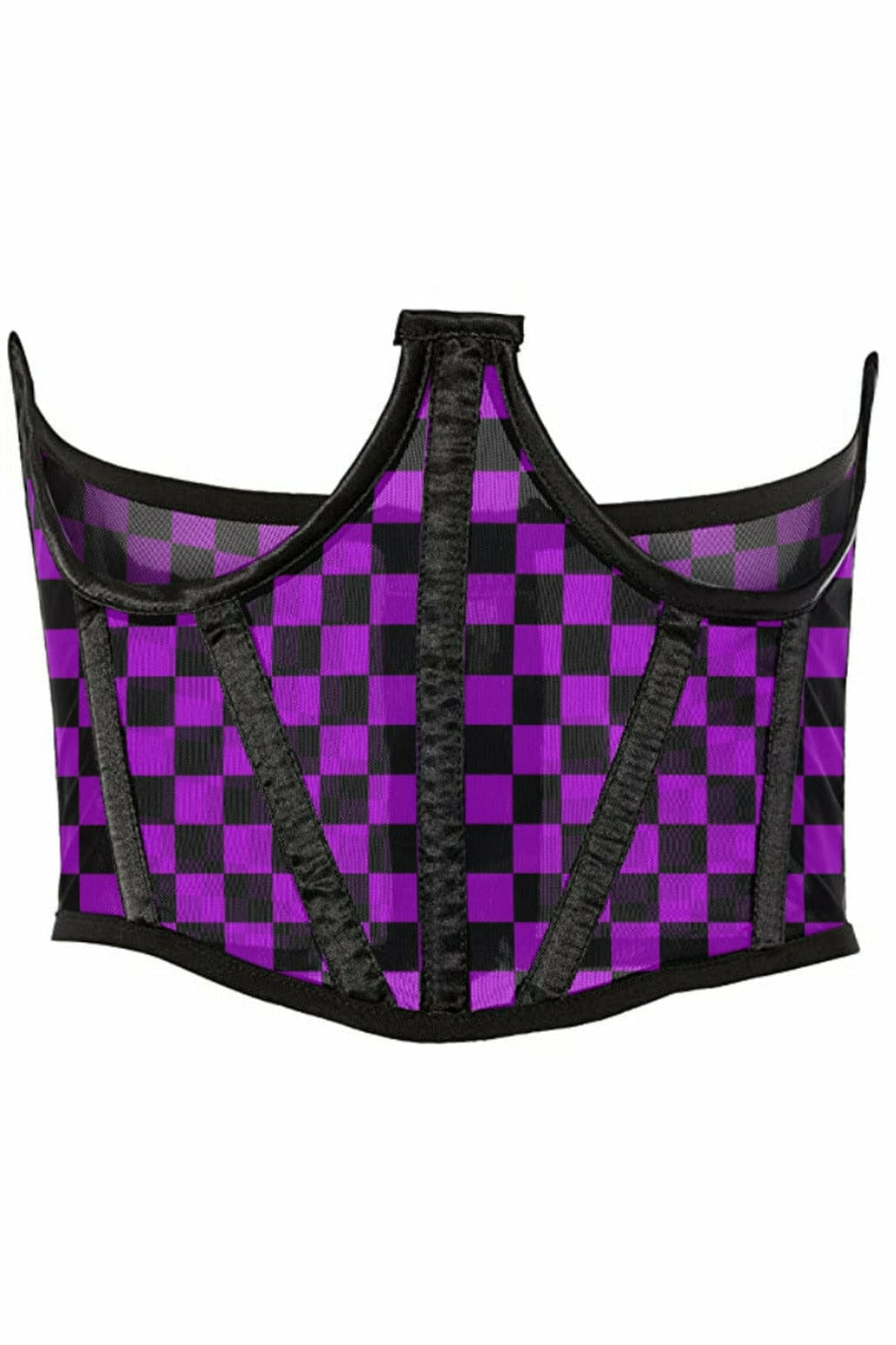 Lavish Neon Purple/Black Checker Print Mesh Open Cup Waist Cincher.