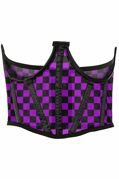 Lavish Neon Purple/Black Checker Print Mesh Open Cup Waist Cincher.