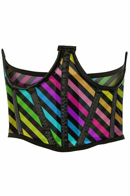 Lavish Rainbow Stripes Print Mesh Open Cup Waist Cincher.