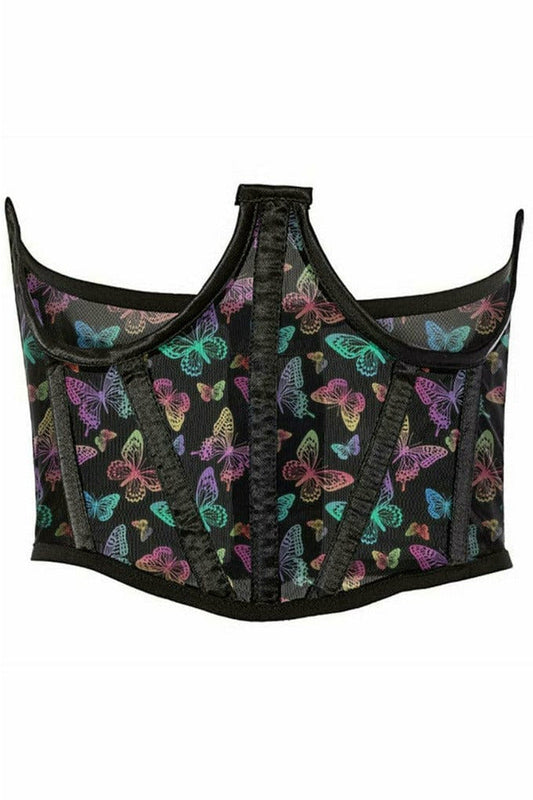 Lavish Neon Butterfly Print Mesh Open Cup Waist Cincher.