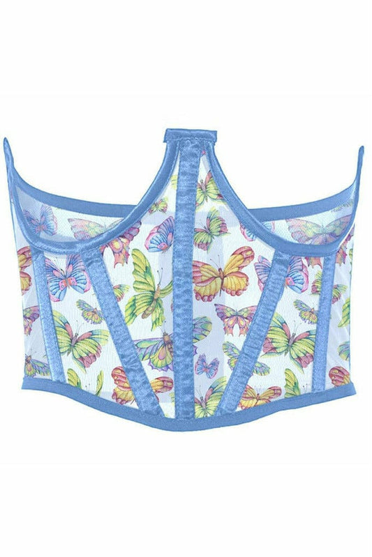 Lavish Butterfly Print Mesh Open Cup Waist Cincher.