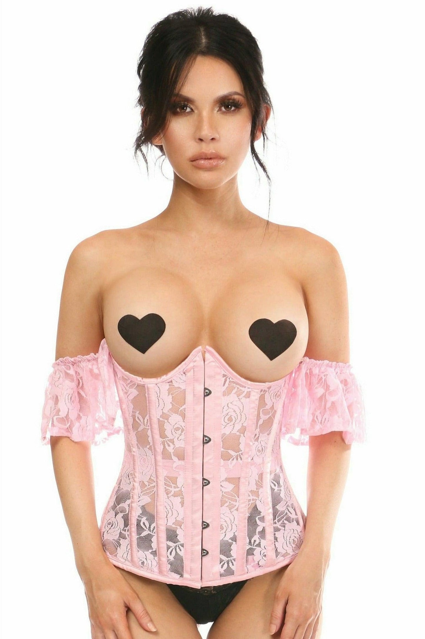 Lavish Sheer Lt Pink Lace Underbust Underwire Corset w/Ruffle Sleeve.