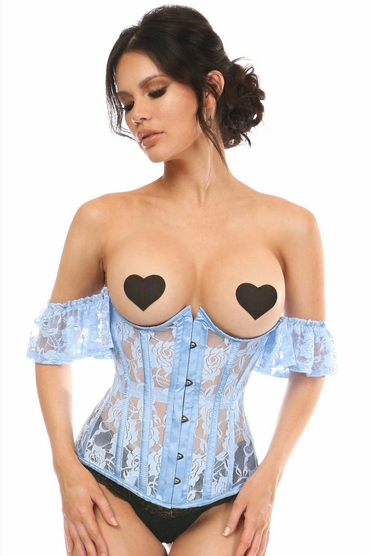 Lavish Sheer Lt Blue Lace Underbust Underwire Corset w/Ruffle Sleeve.