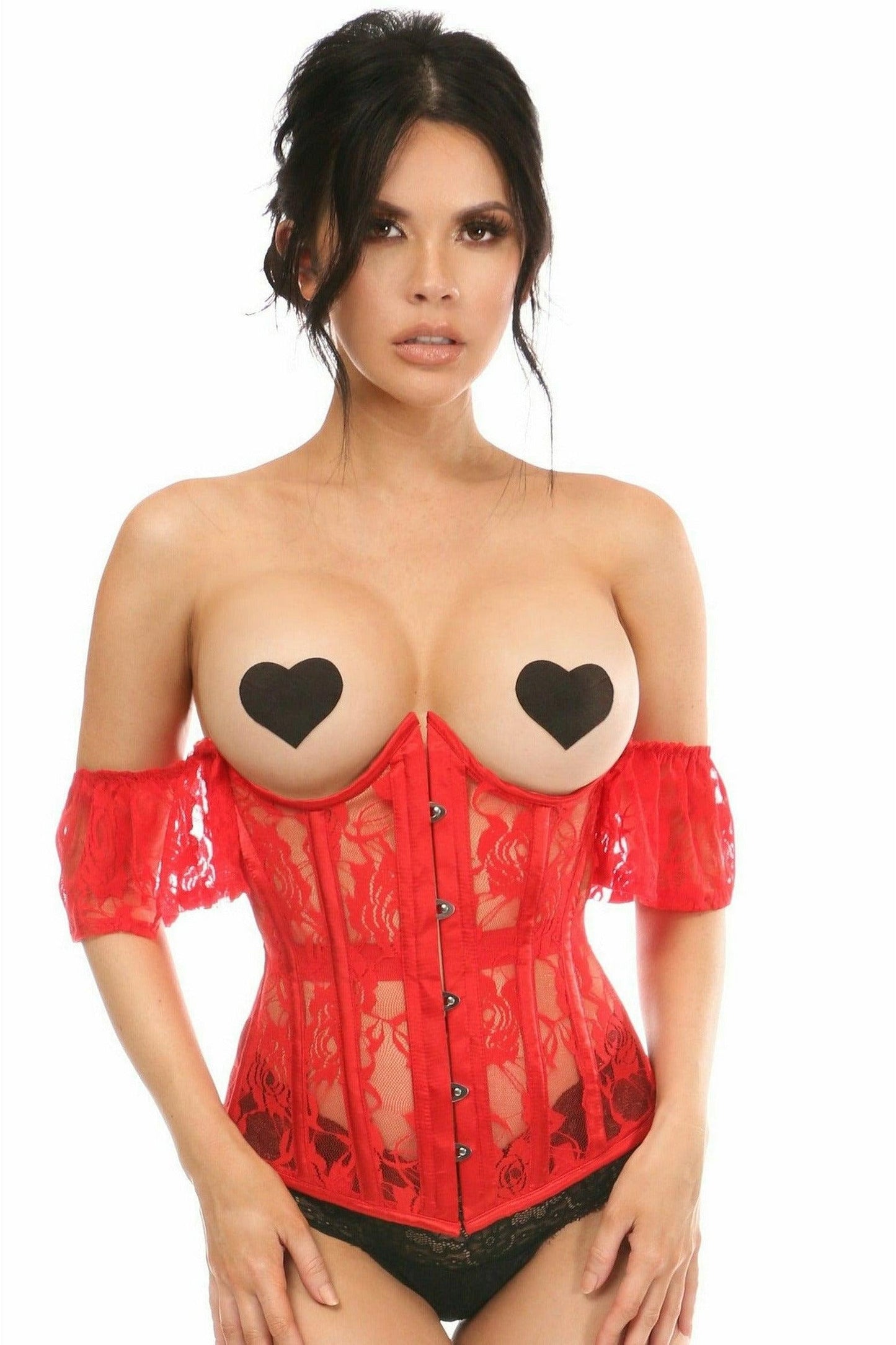 Lavish Sheer Red Lace Underbust Underwire Corset w/Ruffle Sleeve.