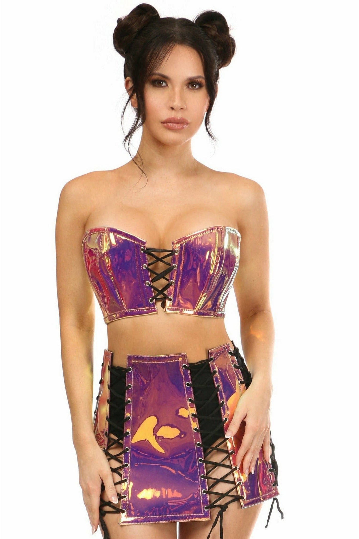 Lavish 2 PC Rainbow Gold Holo Bustier & Skirt Set.