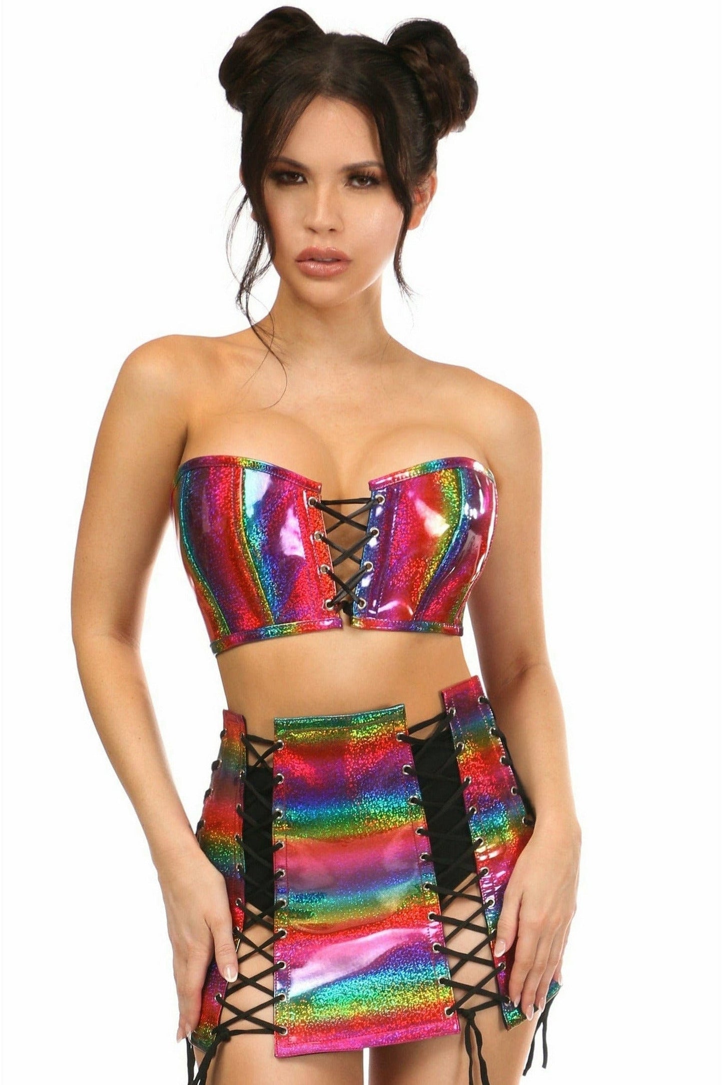 Lavish 2 PC Rainbow Glitter Bustier & Skirt Set.