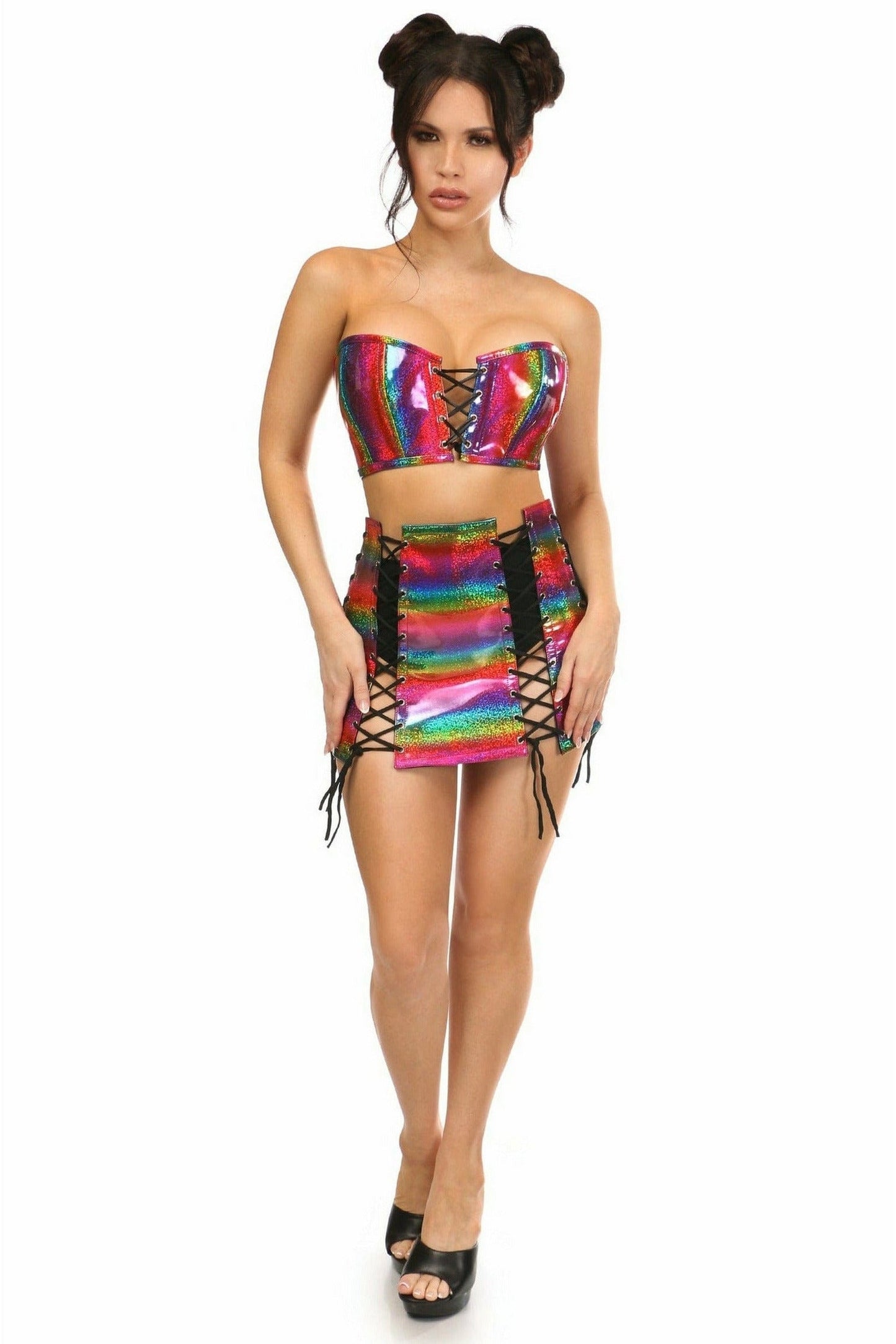 Lavish 2 PC Rainbow Glitter Bustier & Skirt Set.
