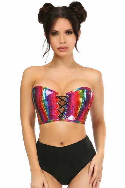 Lavish Rainbow Glitter PVC Lace-Up Bustier Top.