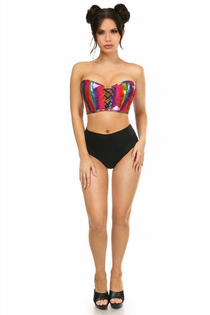 Lavish Rainbow Glitter PVC Lace-Up Bustier Top.
