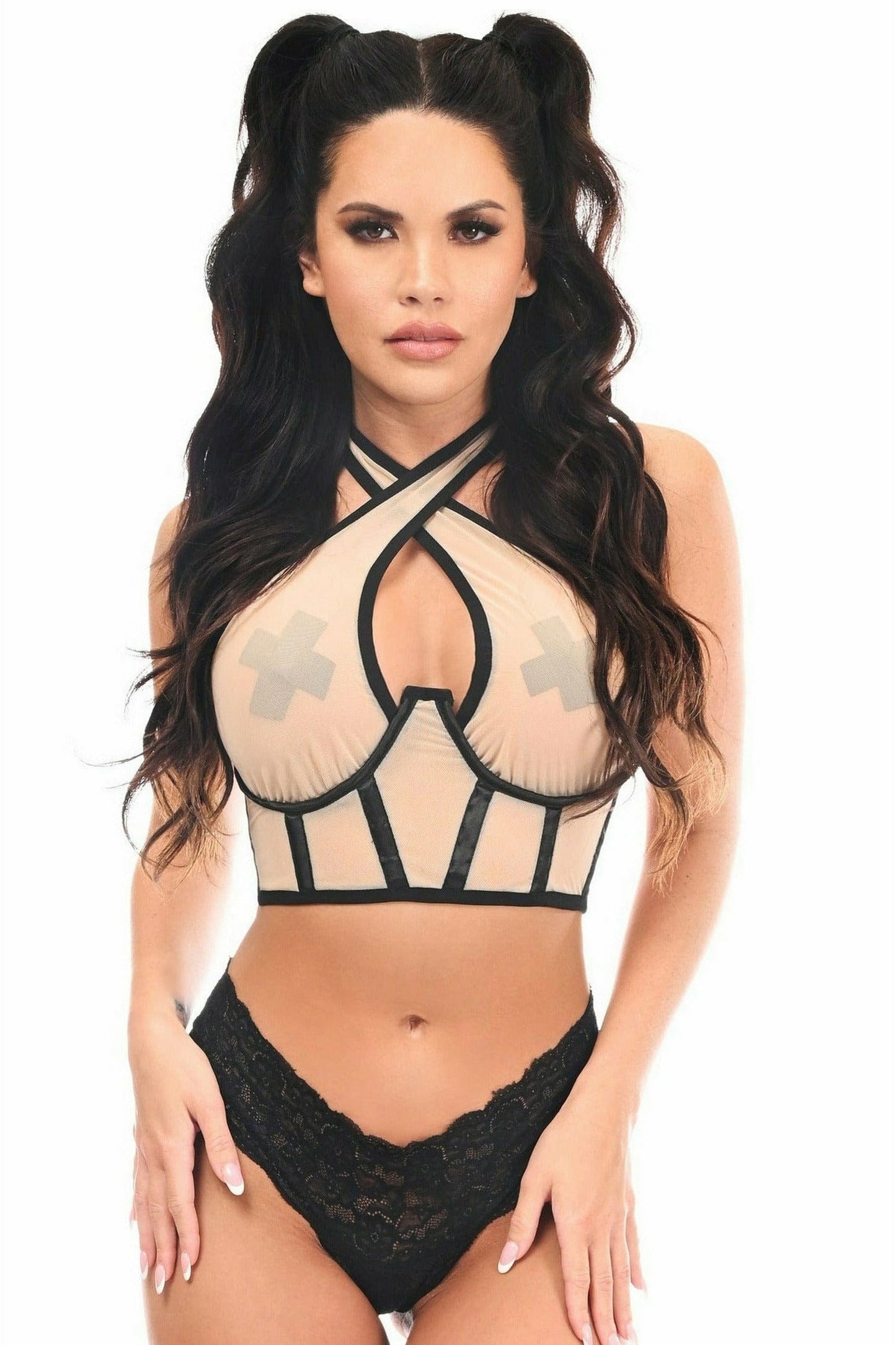Lavish Nude Mesh Underwire Cincher w/Built In Halter Top.