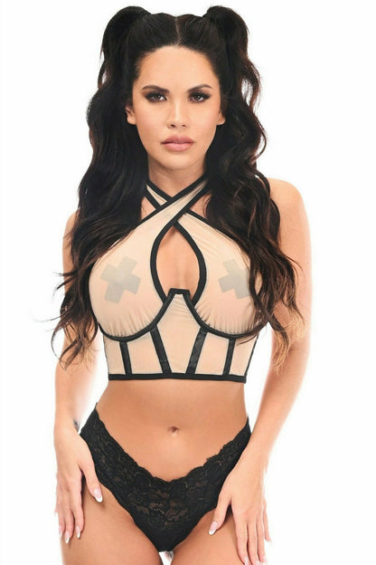 Lavish Nude Mesh Underwire Cincher w/Built In Halter Top.