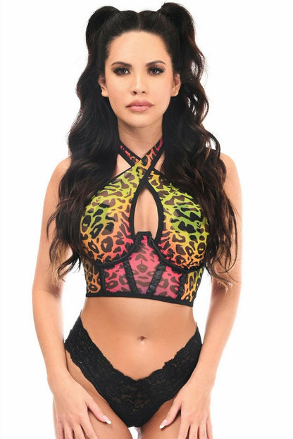 Lavish Rainbow Leopard Mesh Underwire Cincher w/Built In Halter Top.