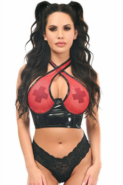 Lavish Red/Black Vinyl & Fishnet Halter Top Underwire Cincher.