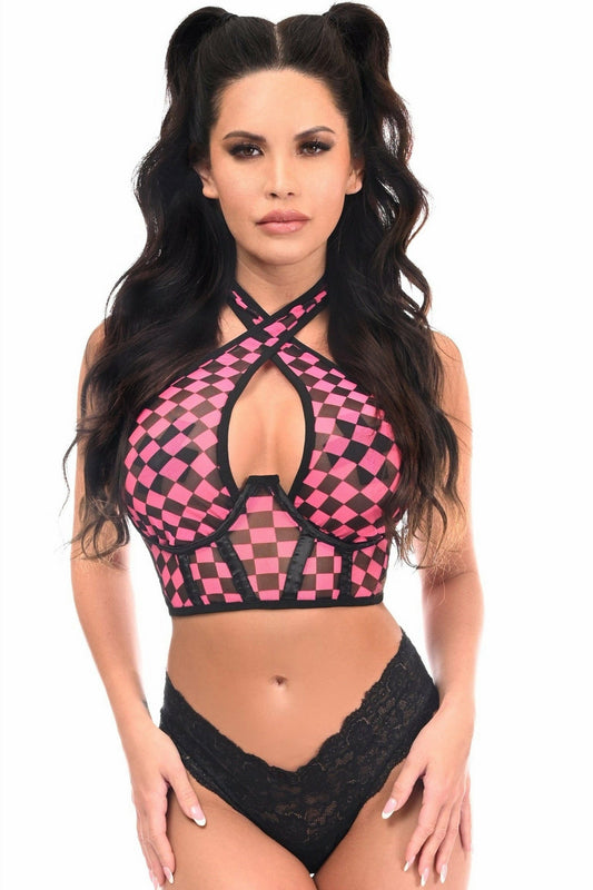Lavish Black/Pink Checker Mesh Underwire Cincher w/Built In Halter Top.