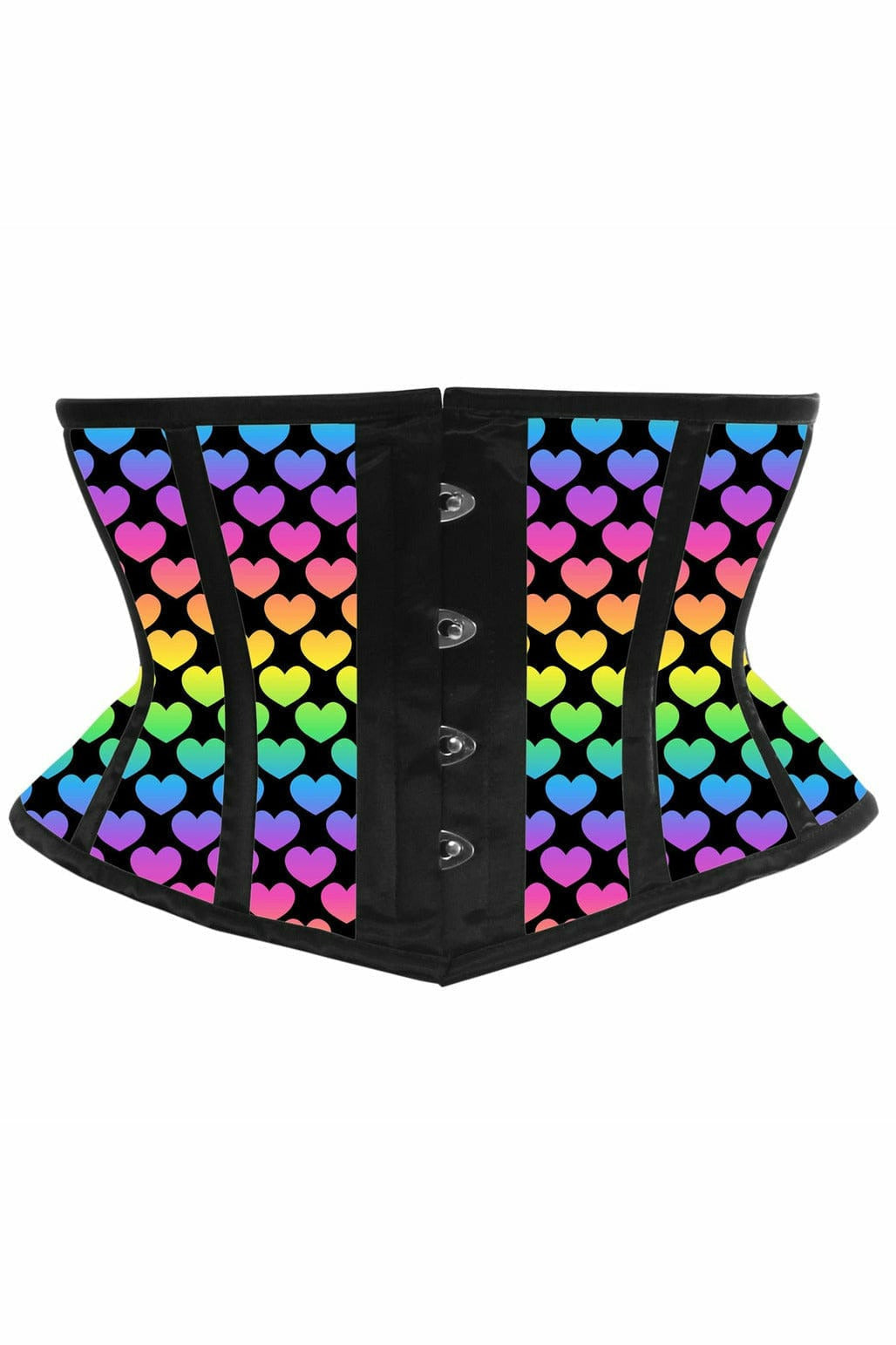 Lavish Rainbow Hearts Print Satin Mini Cincher Corset.