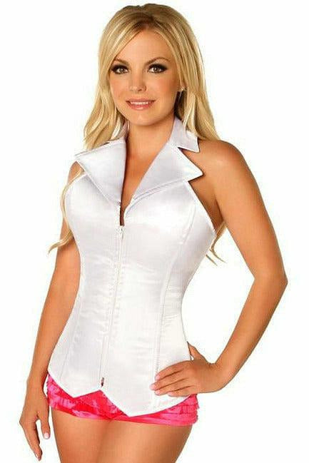 Lavish White Collared Front Zipper Corset.