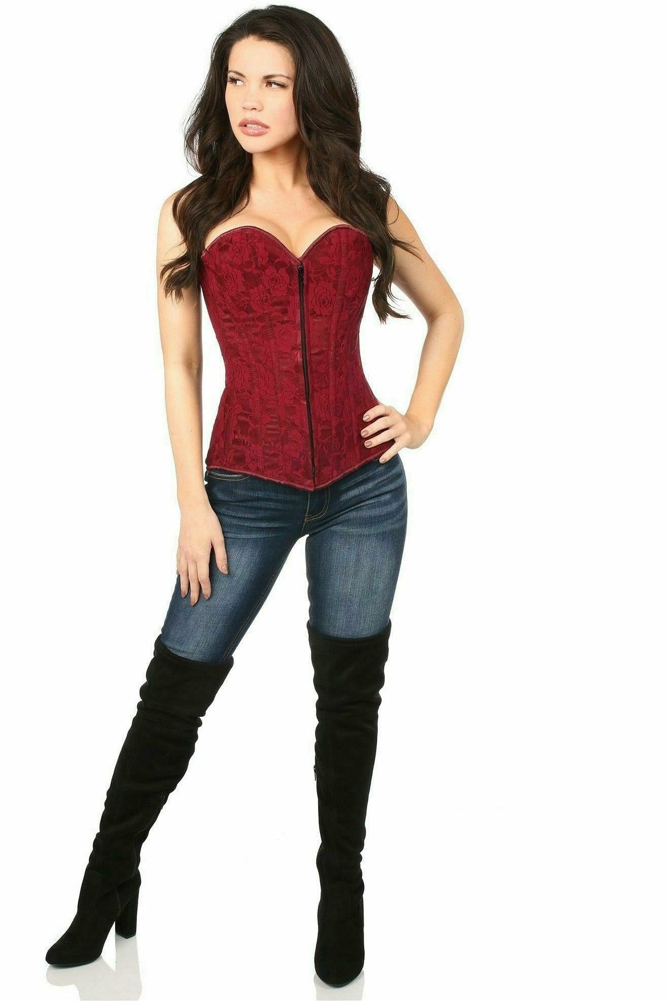 Lavish Wine Lace Overbust Corset w/Zipper.