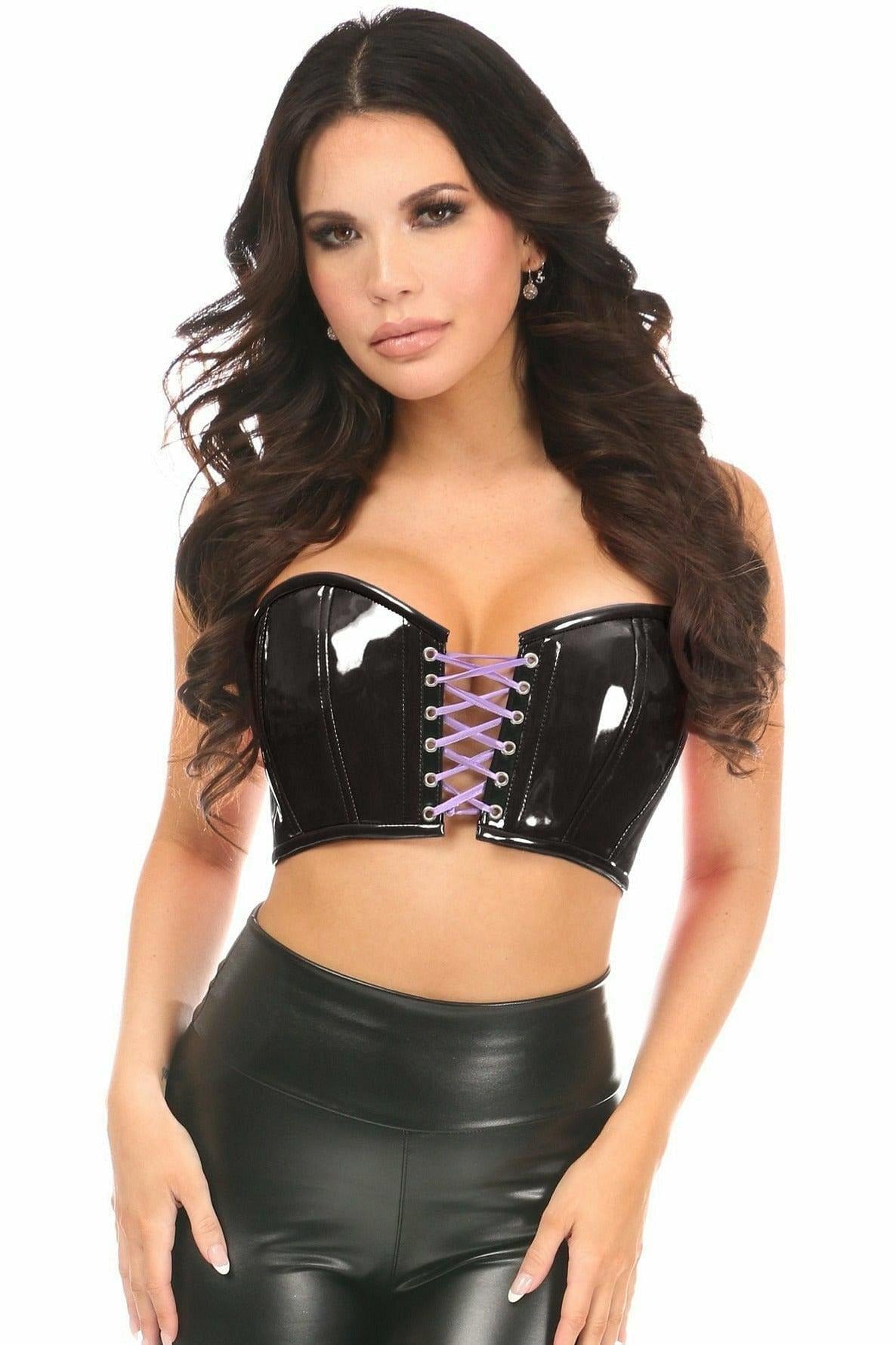 Lavish Black/Lavender Patent Lace-Up Short Bustier Top.