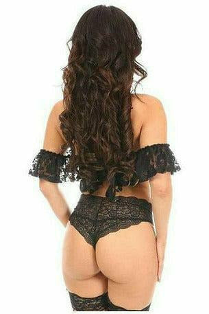 Lavish Black Sheer Lace Off-The-Shoulder Underwire Short Bustier.