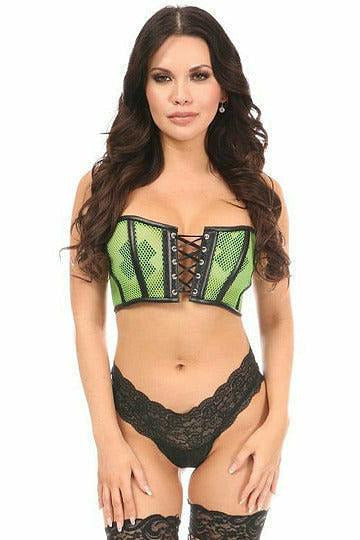 Lavish Neon Green Fishnet & Faux Leather Lace-Up Short Bustier Top.